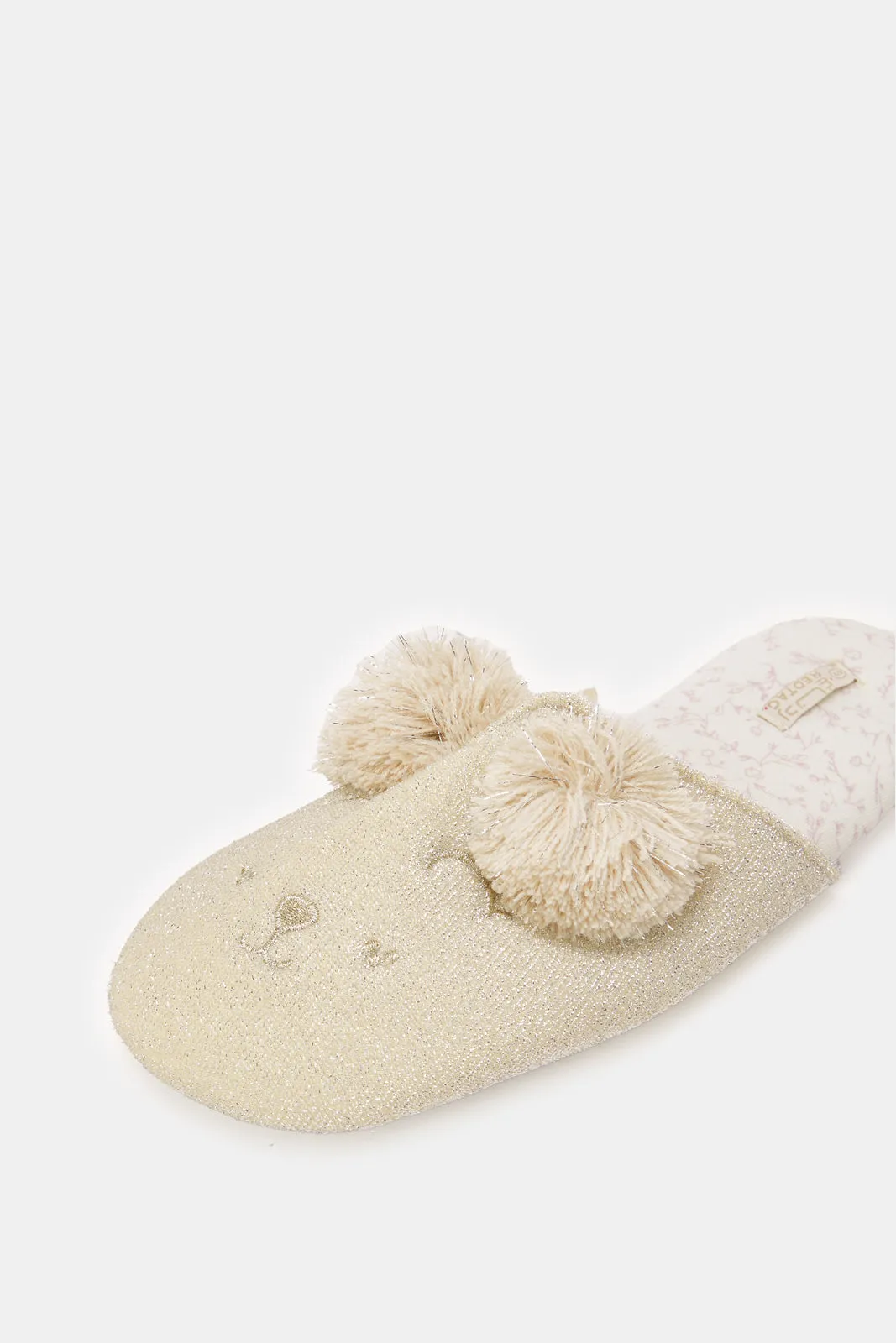 Women Beige Closed Toe Pom Pom Slippers