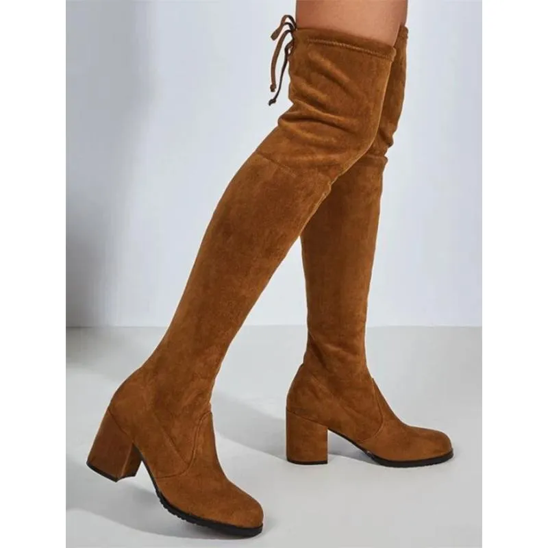 Women chunky heel round toe elastic over the knee boots