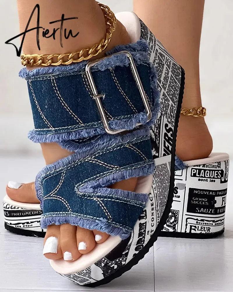 Women Shoes Casual Fashion Vacation Daily Wear Summer Newspaper Buckled Denim Wedge Slippers Sandals