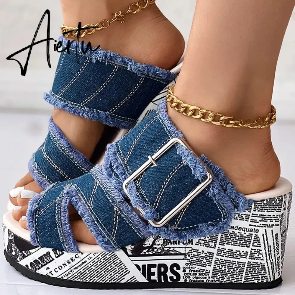 Women Shoes Casual Fashion Vacation Daily Wear Summer Newspaper Buckled Denim Wedge Slippers Sandals