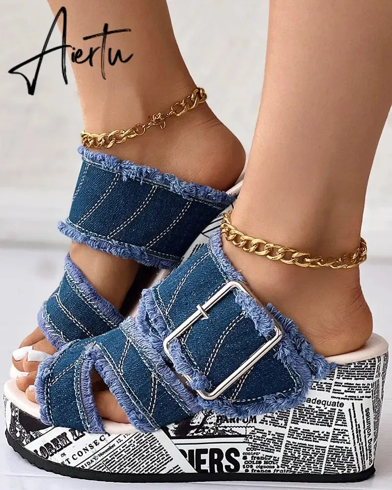 Women Shoes Casual Fashion Vacation Daily Wear Summer Newspaper Buckled Denim Wedge Slippers Sandals