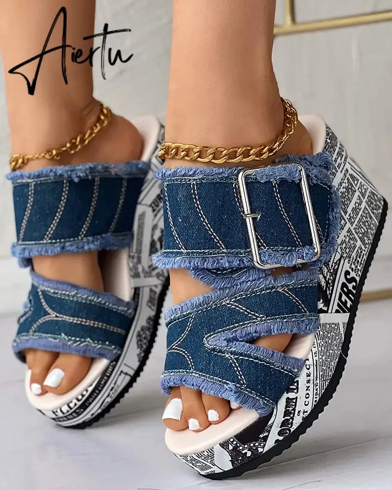 Women Shoes Casual Fashion Vacation Daily Wear Summer Newspaper Buckled Denim Wedge Slippers Sandals