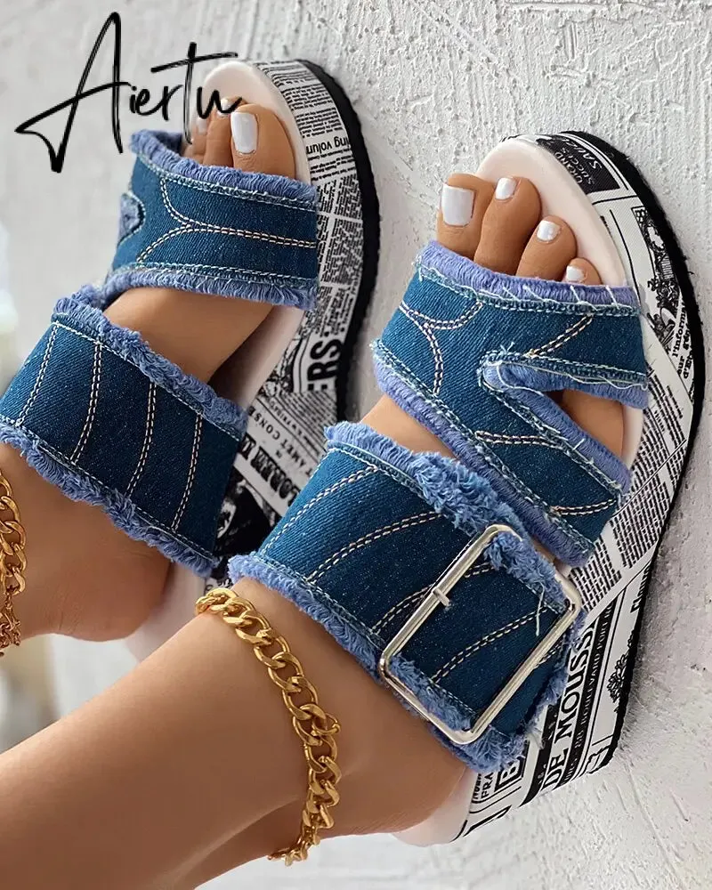 Women Shoes Casual Fashion Vacation Daily Wear Summer Newspaper Buckled Denim Wedge Slippers Sandals