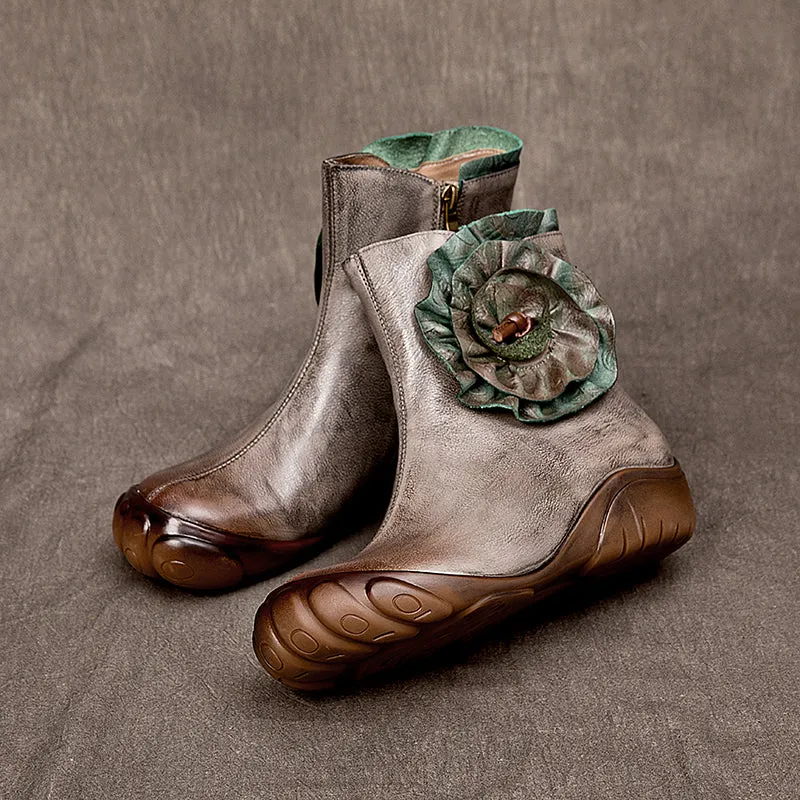 Women's Genuine Cow Leather Flat Short Boots Side Zip With Flowers Decor in Grey