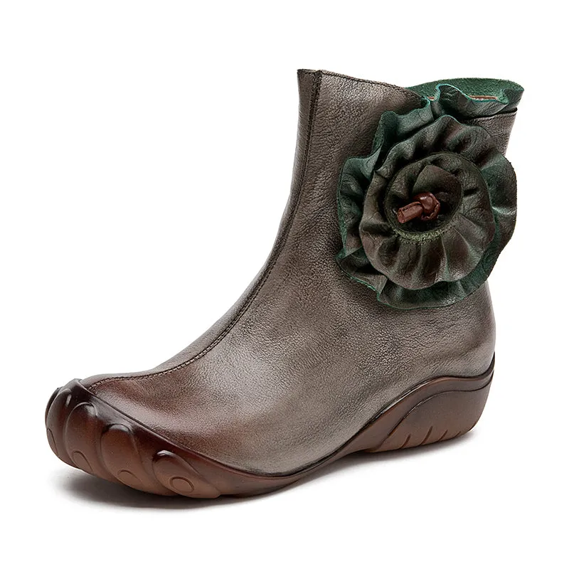 Women's Genuine Cow Leather Flat Short Boots Side Zip With Flowers Decor in Grey