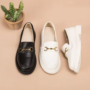 Womens Handmade Leather Loafers Metal button decoration Black/Beige