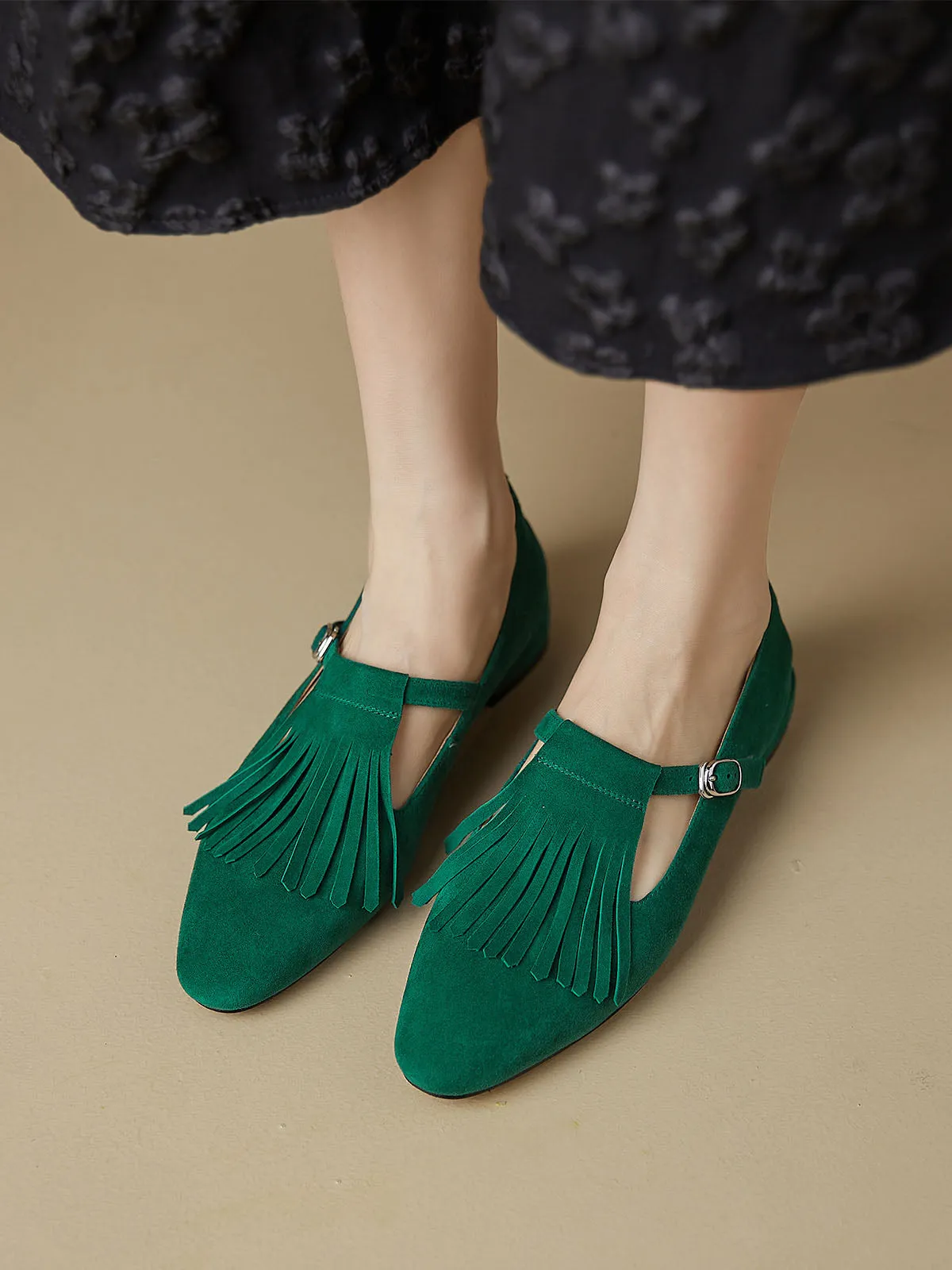 Women's Solid Color Mary Jane Pointed Toe Fringe Leather Boho Flats